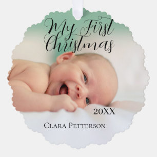 My first Christmas baby photo add name year modern Tree Decoration Card