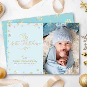 My First Christmas Baby Photo Aqua Blue Real Gold Foil Holiday Card