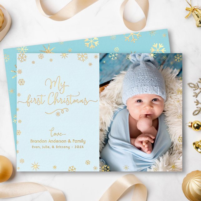 My First Christmas Baby Photo Aqua Blue Real Gold Foil Holiday Card (Creator Uploaded)