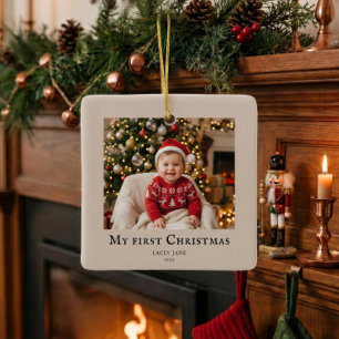 My First Christmas baby photo Beige Ceramic Ornament