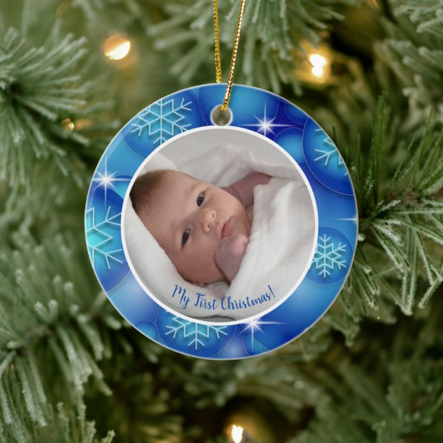 My First Christmas baby photo blue Ceramic Ornament (Tree)