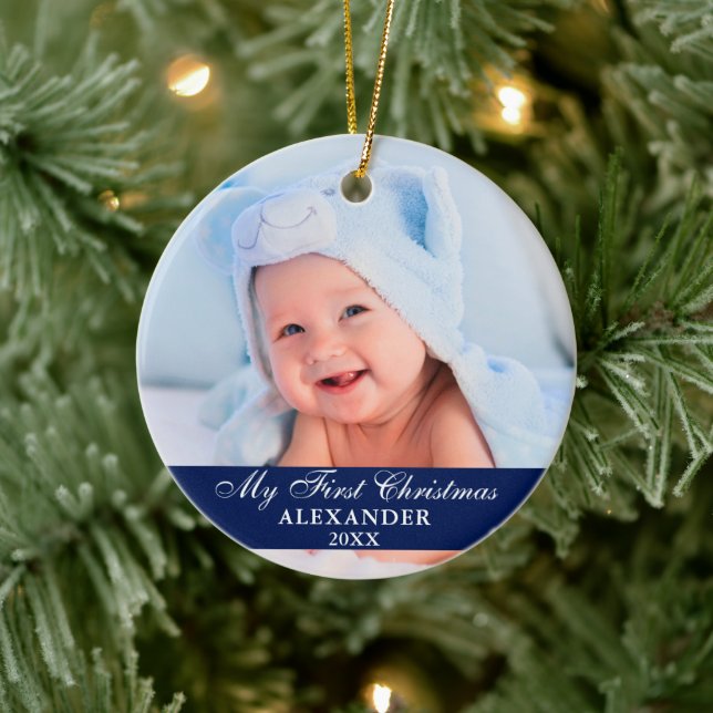 My First Christmas Baby Photo Blue Ceramic Ornament (Tree)