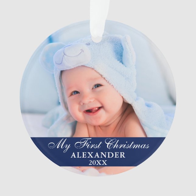My First Christmas Baby Photo Blue Ornament (Front)