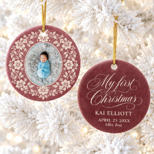 My First Christmas Baby Photo Burgundy Rose Floral Ceramic Ornament
