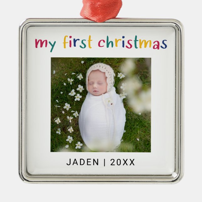 My First Christmas Baby Photo Colourful Cute Metal Ornament (Front)