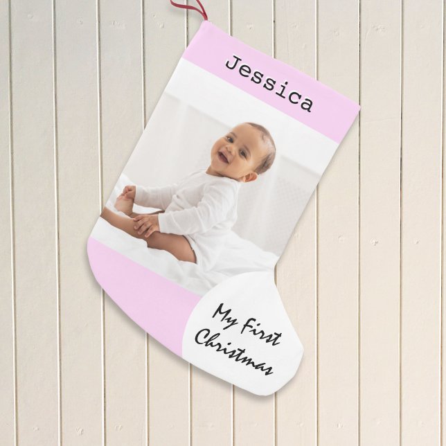 My First Christmas Baby Photo Custom Name Pink Small Christmas Stocking (A festive stocking for baby's first Christmas, to personalize with a name)