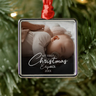 My First Christmas Baby Photo Elegant Script Metal Ornament
