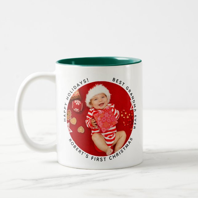 My First Christmas Baby Photo Grandma Holiday Two-Tone Coffee Mug (Left)