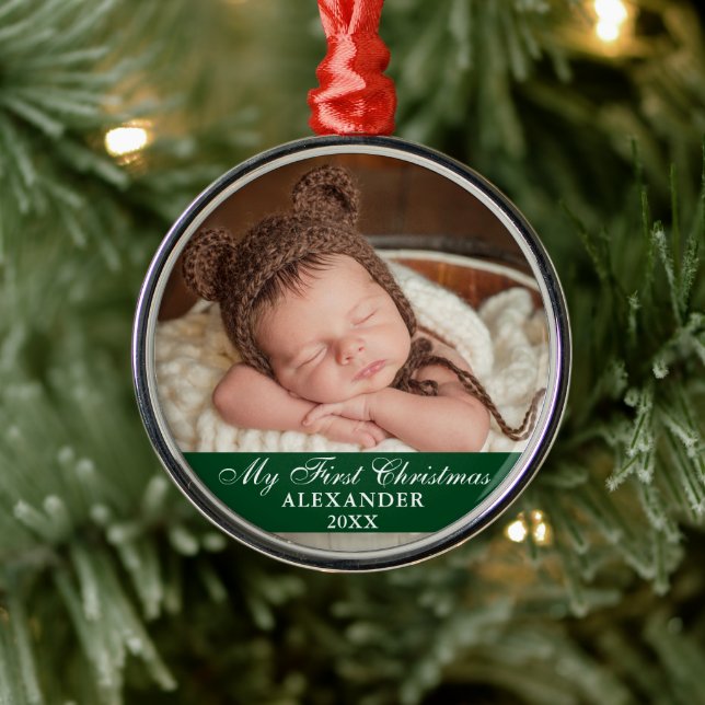 My First Christmas Baby Photo Green and Red Metal Ornament (Tree)