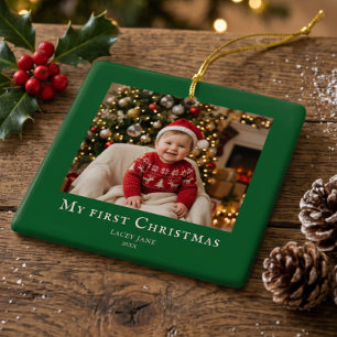 My First Christmas baby photo Green Ceramic Ornament