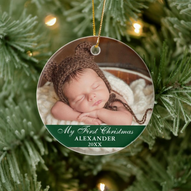 My First Christmas Baby Photo Green Ceramic Ornament (Tree)