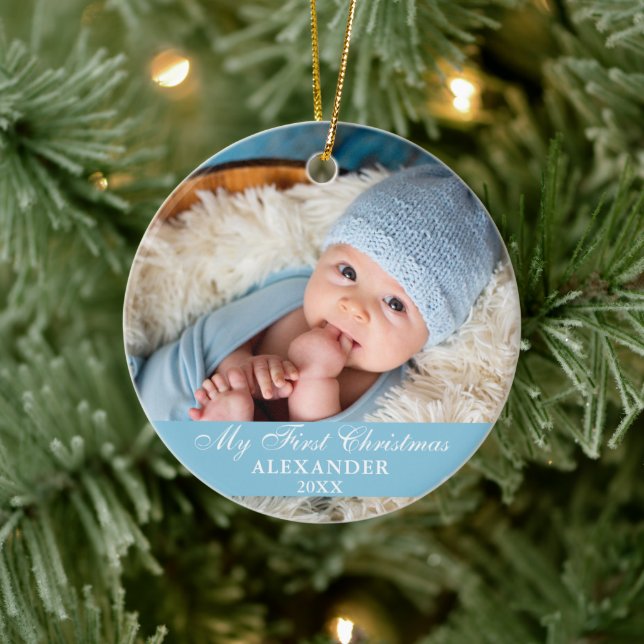 My First Christmas Baby Photo Light Blue Ceramic Ornament (Tree)