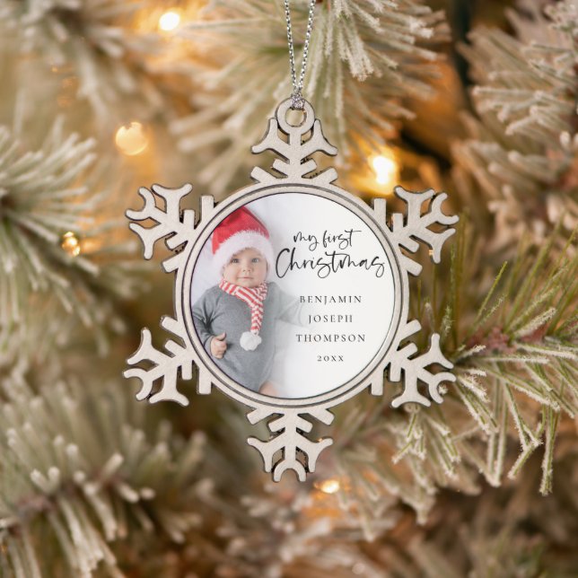My First Christmas Baby Photo Name Year Keepsake Snowflake Pewter Christmas Ornament (Tree)