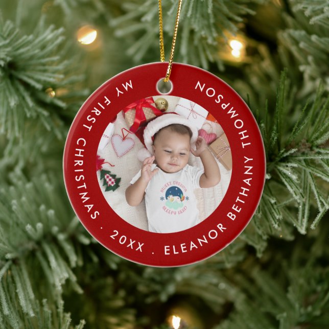 My First Christmas Baby Photo Name Year Ruby Red Ceramic Ornament (Tree)