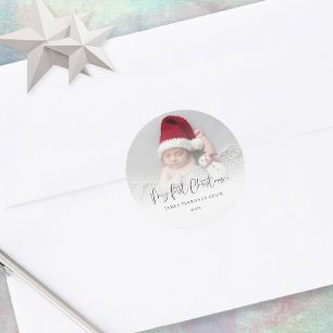 My First Christmas Baby Photo Overlay Name Classic Round Sticker