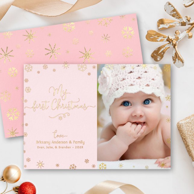 My First Christmas Baby Photo Pink Chic Real Gold  Foil Holiday Card (Creator Uploaded)
