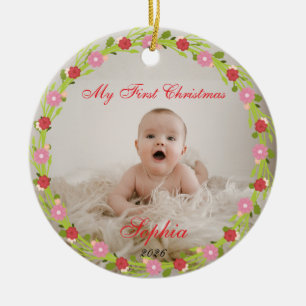 My First Christmas Baby Photo Pink Floral Ceramic Ornament