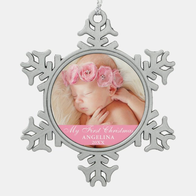 My First Christmas Baby Photo Pink Snowflake Pewter Christmas Ornament (Front)