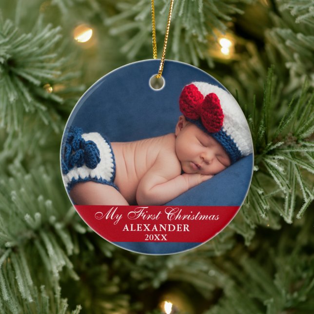 My First Christmas Baby Photo Red Ceramic Ornament (Tree)