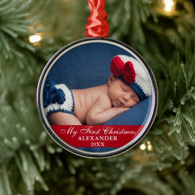 My First Christmas Baby Photo Red Metal Ornament (Tree)