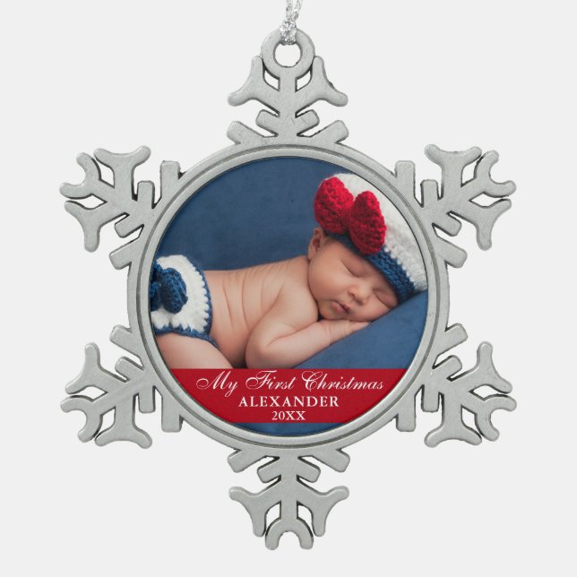 My First Christmas Baby Photo Red Snowflake Pewter Christmas Ornament (Front)