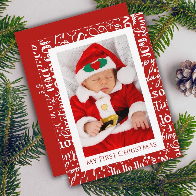 My First Christmas Baby Photo Red Typography Holiday Card (Creator Uploaded)