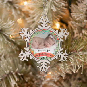 My First Christmas Baby Photo Snowflake Pewter Christmas Ornament