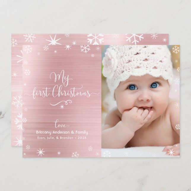My First Christmas Baby Photo Snowflakes Rose Gold Holiday Card (Front/Back)