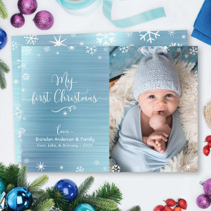 My First Christmas Baby Photo Snowflakes Turquoise Holiday Card