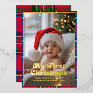 My First Christmas Baby Photo Tartan Plaid Foil Holiday Card