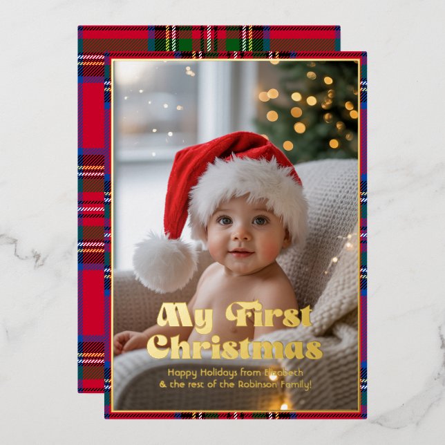 My First Christmas Baby Photo Tartan Plaid Foil Holiday Card (Front/Back)