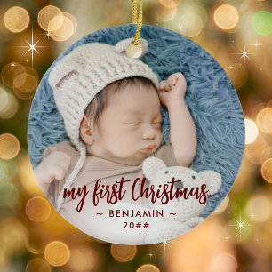 My First Christmas Baby Photo with Name and Year Ceramic Ornament