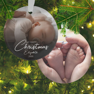 My First Christmas Baby Photos Elegant Script Ornament