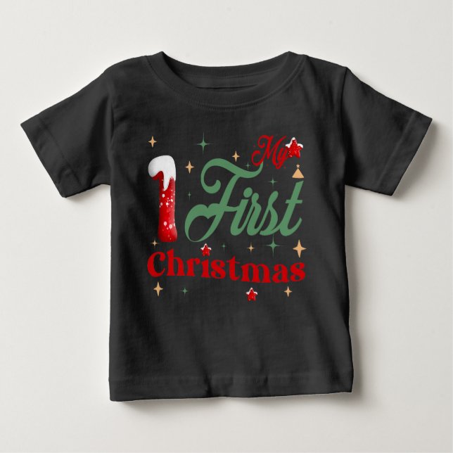 My First Christmas Black Baby Fine Jersey T-Shirt (Front)