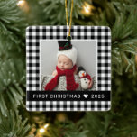 My First Christmas Black Buffalo Plaid Baby Photo Ceramic Ornament<br><div class="desc">A festive "My First Christmas" black and white buffalo plaid ornament design for your new baby. Personalise with your two favourite baby photos (or use the same photo on both sides), add your son or daughter's name and year born. Photo tip: crop photos to centred square photo before uploading to...</div>
