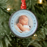 My First Christmas Blue Personalized Baby Photo Metal Ornament<br><div class="desc">Personalize this modern and elegant 'My First Christmas' ornament with your baby boy's photo, his full name, and the year of her birth. Elegant light baby blue and pewter gray round-shaped text and snowflake accents beautifully frames his photo. Photo tip: crop photo to a square format before uploading to the...</div>