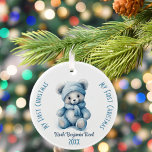 My First Christmas Boy Custom Name Blue Bear Ceramic Ornament<br><div class="desc">This delightful ornament showcases a charming blue teddy bear adorned in a blue hat and scarf all in a sweet watercolor style. This ornament is designed with personalisation in mind. Edit the text with your baby’s name and the year. “My First Christmas” adorns both sides of the ornament. To change...</div>