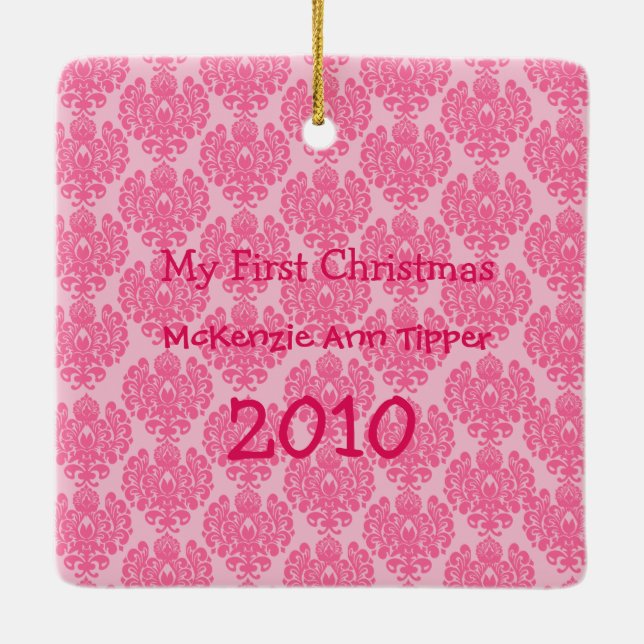 My First Christmas Bright Pink Dots Photo Ornament (Back)