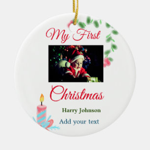My first Christmas candle add baby photo name leav Ceramic Ornament