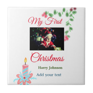 My first Christmas candle add baby photo name leav Ceramic Tile