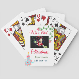 My first Christmas candle add baby photo name leav Playing Cards