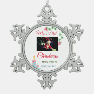 My first Christmas candle add baby photo name leav Snowflake Pewter Christmas Ornament