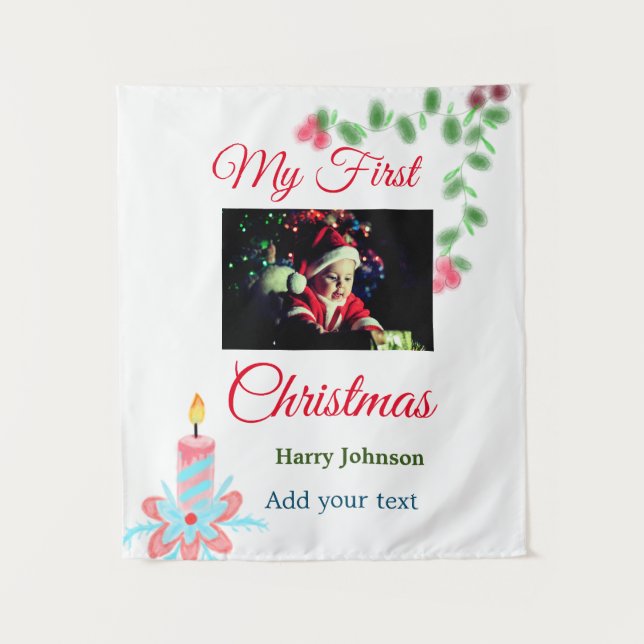 My first Christmas candle add baby photo name leav Tapestry (Front)