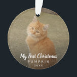 My First Christmas Chalk Script Cat Photo Ornament<br><div class="desc">Did you get a new kitten this year? Add a memory to your tree with this modern keepsake ornament featuring a simple yet elegant design with the message "My First Christmas" in white chalk script along with your cat's name and the year, over your favourite photo. Add the same photo...</div>