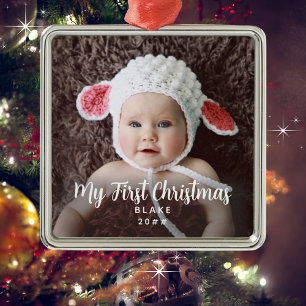 My First Christmas Childs Photo Name Year Metal Ornament