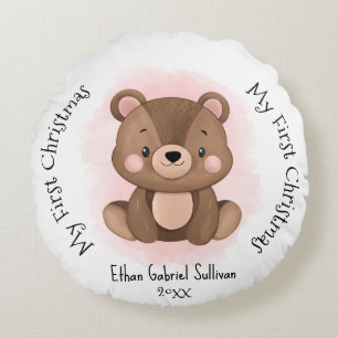 My First Christmas Custom Name Bear Christmas Round Cushion