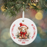 My First Christmas Custom Name Christmas Bear Ceramic Ornament<br><div class="desc">This delightful ornament showcases a charming teddy bear adorned in a yellow red Santa hat and red bow, with pine cones and evergreens; all in a sweet watercolor style. This ornament is designed with personalisation in mind. Edit the text with your baby’s name and the year. “My First Christmas” adorns...</div>