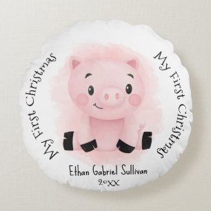 My First Christmas Custom Name Pig Christmas Round Cushion
