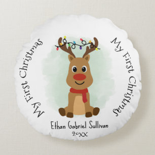My First Christmas Custom Name Reindeer Christmas Round Cushion