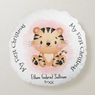 My First Christmas Custom Name Tiger Christmas Round Cushion
